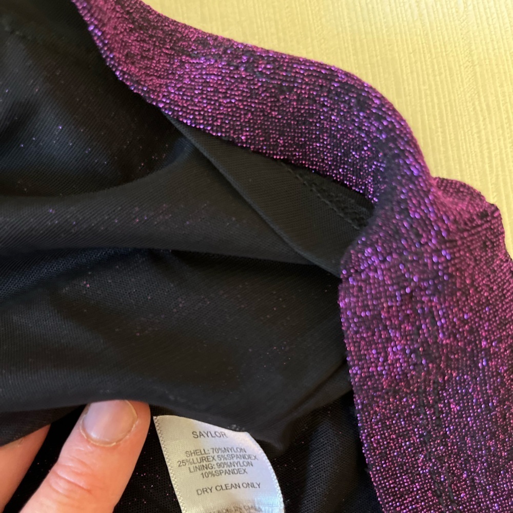 Saylor Purple Shimmer Faux Wrap Dress Ruched Waist Cocktail Holiday Party Glam - Picture 9 of 12